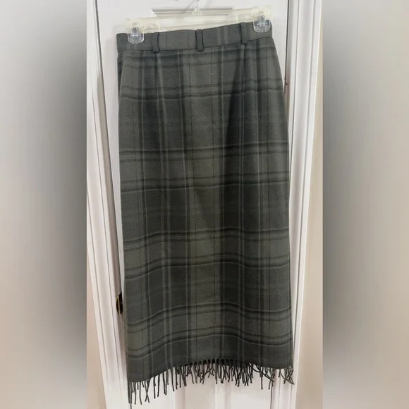 Lauren Ralph Lauren wool green plaid fringe midi wrap skirt (mix20) - Picture 3 of 5